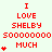 Red pixelated text "I LOVE SHELBY MUCH" with dollar signs and hearts on a light background, animated in three variations.
