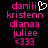 Pixelated text list with pink names and symbols on black background, one frame shows a white heart symbol next to 'daniii'.