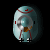 Pixelated character in light blue outfit with red accents, standing in a circular frame against black background.
