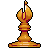 Pixelated golden chess bishop with maroon accents, standing upright on a flat base against solid gray background.