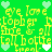 Green background with repeating yellow text and alternating light green and white heart shapes.