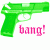 Green pixelated handgun with pink text reading 'bang!' below it on a white background.