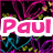 Pixelated text "Paul" in pink, blue, and purple with white outlines on a black background featuring neon-colored abstract patterns.