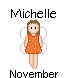 Pixelated angel figure in orange dress with white dots, brown hair, and white wings, positioned between text labels on gray background.
