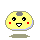 Four pixelated yellow circular icons with gray top patches, red cheeks, and blue outlines arranged in a on gray background