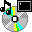 Pixel art animation of a CD/DVD with musical notes and color-coded sections, showing frame-to-frame changes in green/yellow/blue segments.