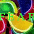 Pixelated image with green and cyan text over sliced fruit, purple text on black background reading 'Defeat The Darknes'