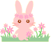 Pixel art contact sheet showing two frames of a pink bunny animation with flower crown and grassy background, left frame standing still, right frame holding flowers.