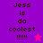 Pixelated text reads "Jess is da coolest !!!!!" with a star symbol, displayed across four color-blocked quadrants in purple, magenta, pink, and bright pink.