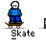 Animated contact sheet of a pixelated character performing skateboarding actions across 17 frames with consistent text label beneath each frame.