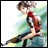 Pixelated anime-style character with brown hair and red-black outfit holding a brown object against a blurred green-blue background.
