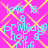 A static image with a bright pink background overlaid by yellow diamond-shaped lines, featuring repeated light blue text reading "love is a primed phot rita" in pixelated font