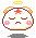 Pixel art character with closed eyes, pink cheeks, red star on forehead, orange-brown ears, and yellow halo above head.