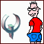 A cartoon character in red shirt and blue shorts stands beside a large metallic crescent object, holding a yellow tool that emits small particles.