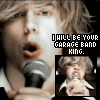 showing a person with light brown hair holding a microphone, with a smaller inset image of the same person singing, and text reading "I WILL BE YOUR GARAGE BAND KING." in pixelated font