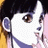 Pixelated anime-style character face with dark hair and brown eyes, side profile against black background with white text.
