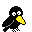Pixelated black bird with yellow beak and white eyes in multiple poses on gray background.