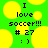 Green background with yellow circular shapes, black text reading "I love soccer!!! # 27 :)" in pixelated font.