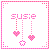 Pixelated pink and white icon with 'SUSIE' text, three hanging heart and star shapes connected by dotted lines within a checkered border.