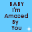 Blue background with repeated text "BABY I'm Amazed By You" in dark brown pixelated font, three of identical text blocks, small white star and plus symbols scattered around