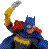 Pixelated figure in blue and red costume with yellow accents, holding a curved silver weapon aloft against gray background.