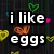 Pixelated text reads "i like eggs" and "uhh" over a dark background with colorful heart shapes in green, orange, yellow, pink, and blue.