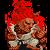 Pixelated figure with red hair and light-colored clothing holding a red object against a dark background.
