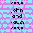 (333) john and kaysi (333) repeated twice on a pink-to-blue heart-patterned background with pixelated text.