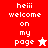 A split-screen pixel art image with red and pink sections displaying text 'heiii welcome on my page' alongside star symbols.