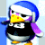 Pixelated cartoon penguin with blue hat, yellow beak, black body, purple scarf, and white accents on a light background.