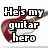 Pixelated graphic with bold black-outlined white text reading 'He's my guitar hero' over a red and brown guitar-shaped background.