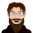 Pixelated portrait of a person with brown hair, glasses, and a full beard wearing dark clothing against white background.