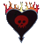 Animated pixel art icon of a black heart with red skull center and flame crown, showing two sequential frames where flames shift position.