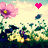 Animated floral scene with pink flowers and floating hearts changing color across two