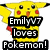 Yellow Pikachu with red cheeks and black eyes, white text overlay reading "Emilyv7 loves Pokemon!" on a white background.