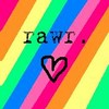 Rainbow striped background with 'rawr.' text and a black outlined heart symbol.