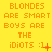 Yellow background with orange pixelated text reading 'BLONDES ARE SMART BOYS ARE THE iDiOTS :)' and varying emoticon symbols across frames.