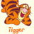 Pixelated orange tiger with dark brown stripes, pink nose, red mouth, and yellow eyes on light beige background.