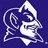 A blue and white cartoon character with a large nose, mustache, and hat on a solid purple background.