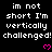 Black background with white pixelated text repeating 'im not short I'm vertically challenged!' and pink heart symbols.