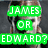 six pixelated with text overlays and character images, featuring color-coded text blocks asking 'JAMES OR EDWARD?' and 'WHO CARES!' in various styles