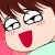 Pixelated cartoon face with brown hair, wide eyes, red cheeks, and open mouth showing two expressions.