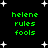 Green pixelated text 'helene rules fools' repeated four times on black background with white star shapes, static display.