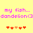 Yellow background with pink pixelated text reading 'my fish... my fish...' and 'dandelion<3 dandelion<3' above two of red and orange heart symbols