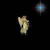 Four angel figures in flowing robes with wings, each positioned near a blue starburst on black background.