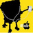 A pixelated black figure with gray straps stands on a yellow background, holding a white object in one hand and positioned next to a small apple-shaped icon.