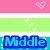Pixelated graphic with pink, green, and cyan horizontal bands containing text and symbols.