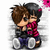 Two chibi-style figures embrace, one with brown hair and the other with dark hair, both wearing dark tops and purple pants, with pink accents on the background.