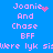Pixelated text on blue background with pink lettering and animated heart/particle effects near 'Joanie' text.