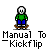 Pixelated character in green shirt and blue pants performing a kickflip on a brown skateboard, with text "Manual To -Kickflip" below.